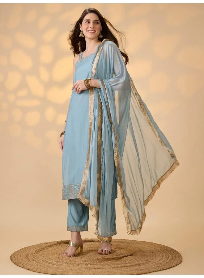 globus Globus Women Blue Square Neck Embroidered Detail Straight Kurta With Pants & Dupatta Festive Set